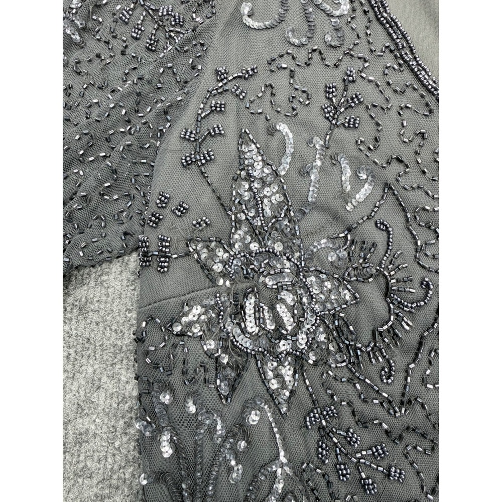 Pisarro‎ Nights Womens Size 12 Beaded Floral Mesh Dress Grey V-Neck 3/4 Sleeve - Picture 6 of 10